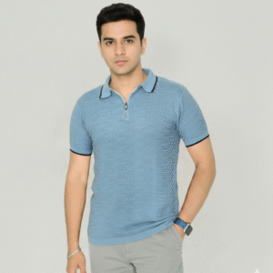 Prestige Knit Cotton Zipped Polo – Blue