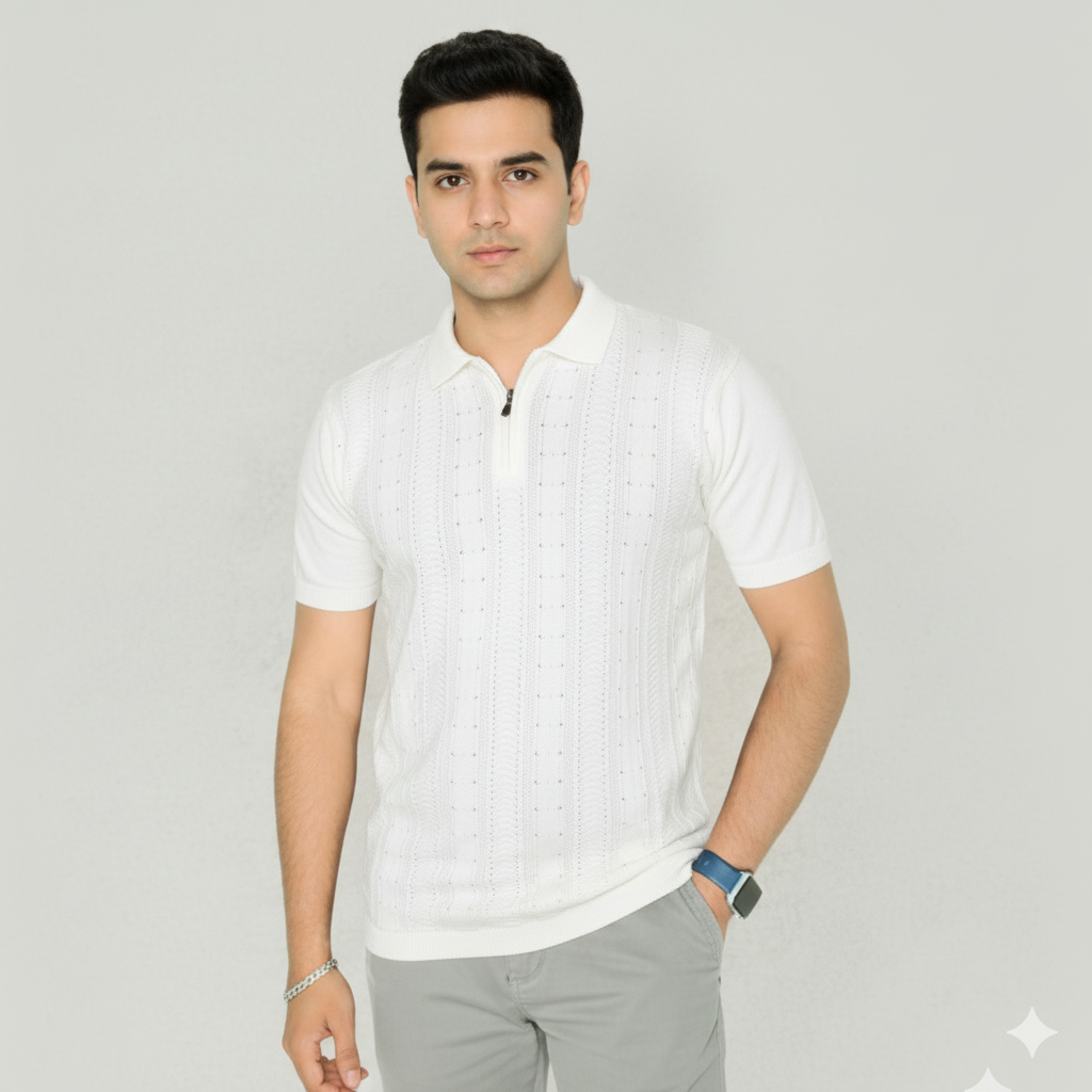 Prestige Knit Zipped Cotton Polo – Cream